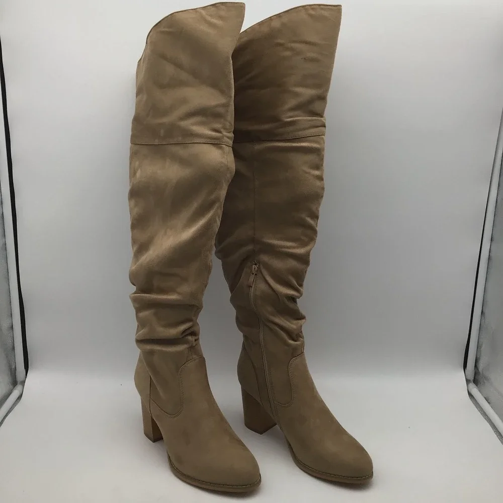 Journee XWC Kaison Tan Slouchy Over The Knee Block Heel‎ Boots Womens Size 9.5